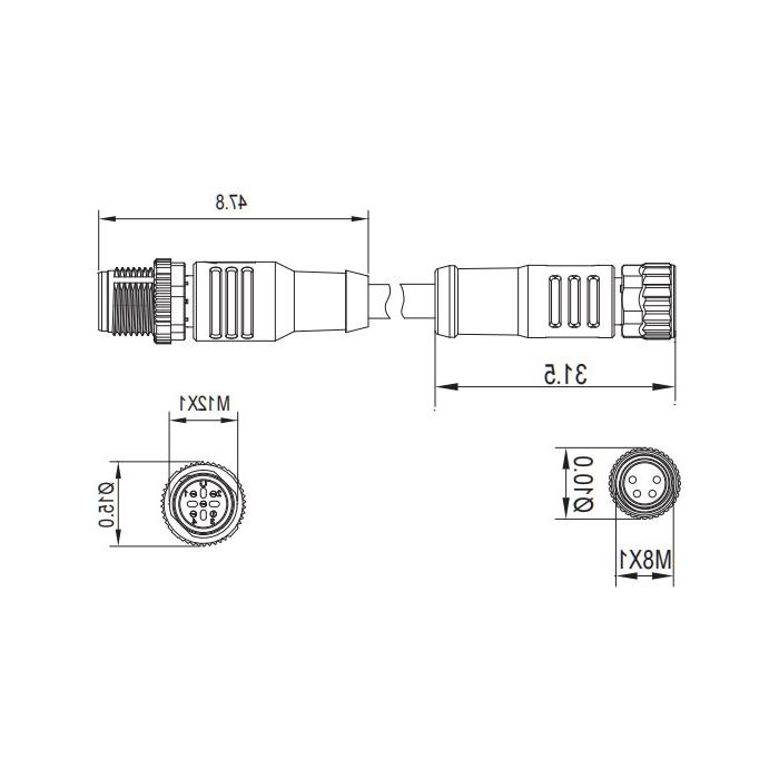 M8转M12 4Pin、M8母头直型转M12公头直型、双端预铸PVC非柔性电缆、灰色护套、63D263-XXX