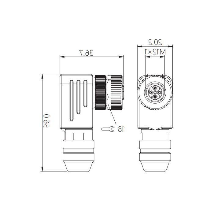 M12 4Pin、D-coded、90°母头、螺钉连接、金属屏蔽、0CF141